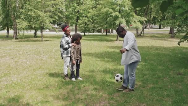 彼の妻と息子は彼を見ている間 公園で芝生の上でサッカーを蹴って 夏に屋外で一緒に時間を過ごす — ストック動画