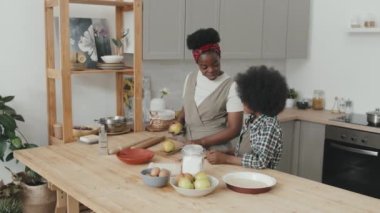 Afrika kökenli genç bir Amerikalı kadın ve küçük tatlı oğlunun yemek pişirip sohbet etmelerinin yavaş çekimleri.