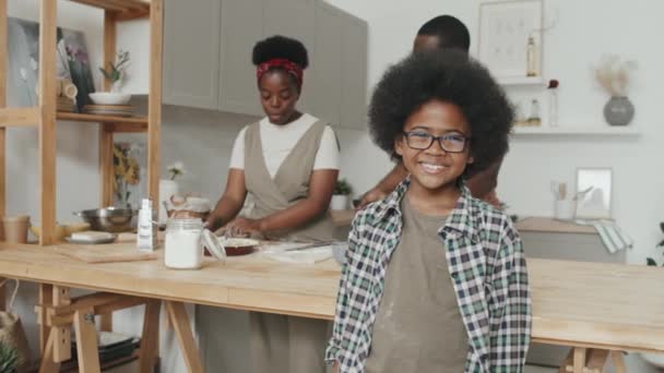 Közepes Lassú Portré Aranyos Afro Amerikai Fiú Mosolyog Kamerába Áll — Stock videók