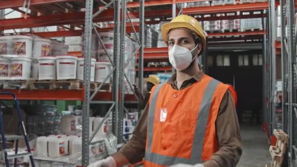 Slowmo Tracking Portrait Young Male Worker Safety Vest Hard Hat — Stock Video