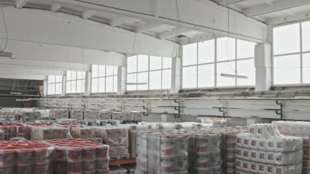 Panning Shot Interior Hardware Store Warehouse Packaged Items — Stock Video