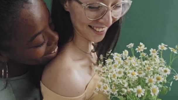 Close Slowmo African American Woman Smiling Hugging Her Caucasian Girlfriend — Stock Video