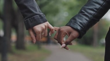 Tanımlanamayan lezbiyen çiftin parkta serçe parmaklarını tutarken yakın plan çekimleri.