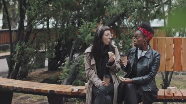 Slowmo Médio Tiro Mulher Branca Sua Namorada Afro Americana Sentado — Vídeo de Stock