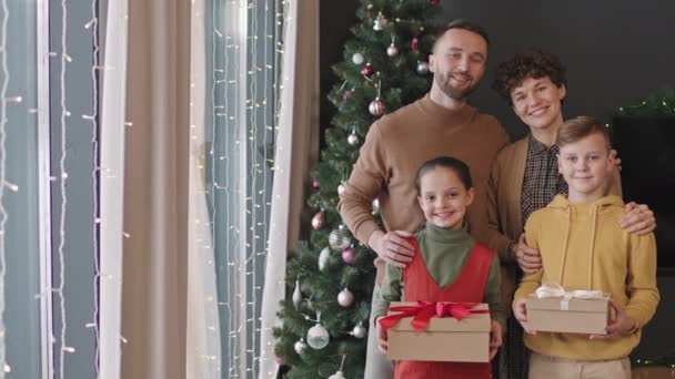 아름답게 장식된 크리스마스 가족의 느림보인 Pan 초상화 상자를 어린이들 — 비디오