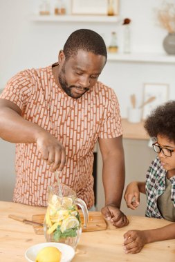 Genç baba dilimlenmiş limonu karıştırıyor ve sürahide nane yaprağı kesiyor.