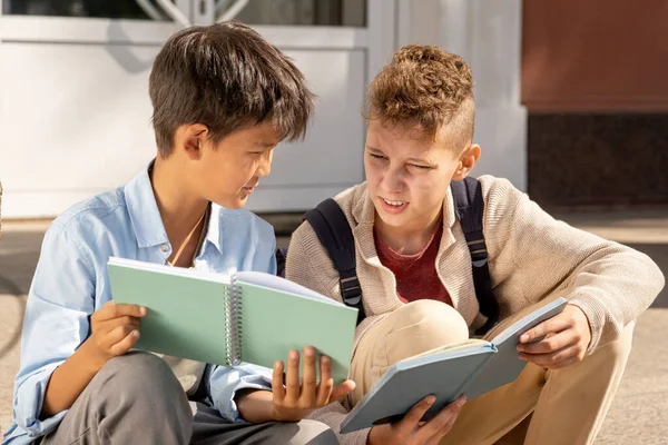Two schoolboys discussing their notes in copybooks — Stock Photo, Image