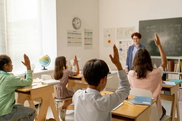 Vista trasera del grupo de compañeros de clase interculturales levantando las manos en la lección — Foto de Stock