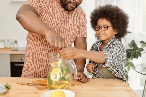 Lindo niño poniendo hojas de menta seca en jarra con limonada —  Fotos de Stock