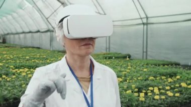VR kulaklıklı kadın tarım mühendisinin serada yetiştirilen bitkiler ve çiçekler hakkında araştırma yaparken orta yavaş çekimleri.