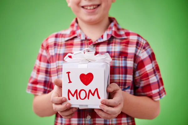 Menino segurando presente para a mãe — Fotografia de Stock