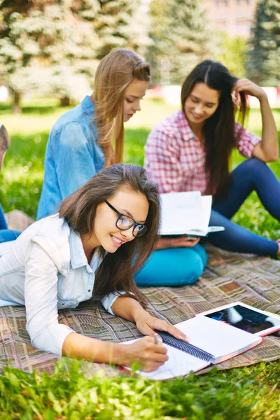 Teenage vrouwen maken van aantekeningen in park — Stockfoto