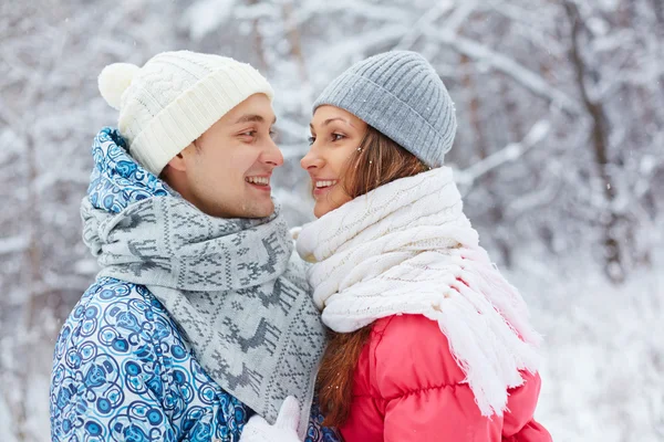 Namorada e namorado no parque de inverno — Fotografia de Stock