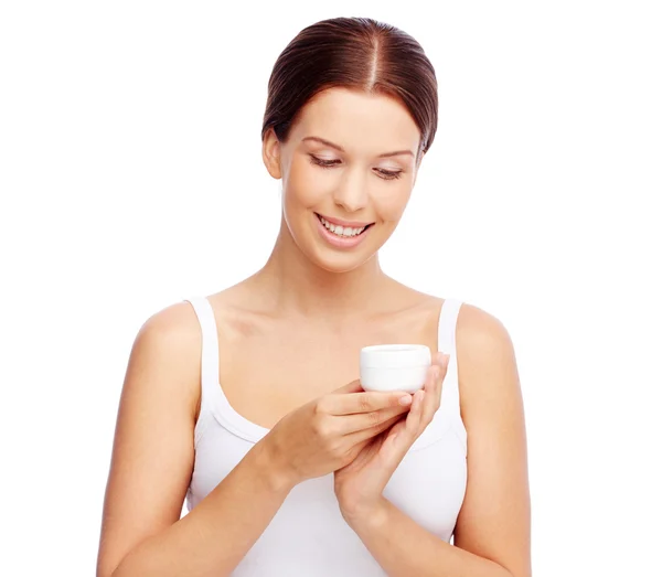 Contenedor de mujer con crema — Foto de Stock