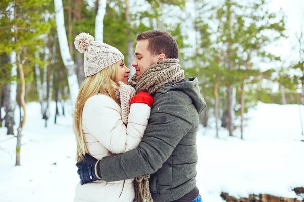 Pár objímat v zimě parku — Stock fotografie
