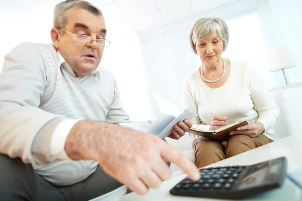 Senior couple making calculations — Stock Photo, Image