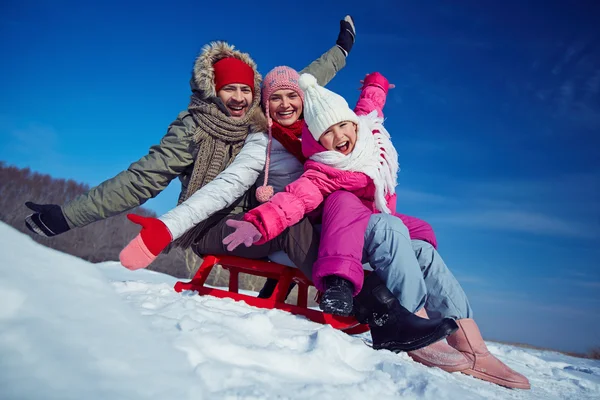 Kızak üzerinde aile — Stok fotoğraf