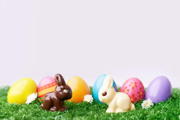 Conigli e uova colorate — Foto Stock