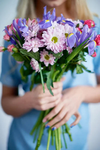 Fresh irises and daisies — Stock Photo, Image