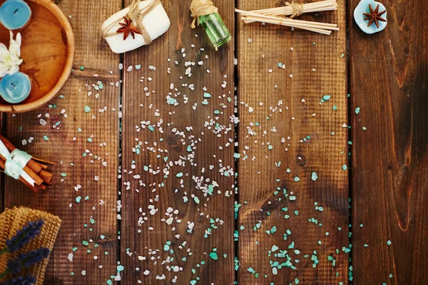 Wooden table in sea salt — Stock Photo, Image