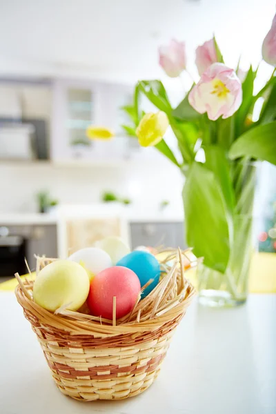 Easter eggs and tulip flowers — Stock Photo, Image
