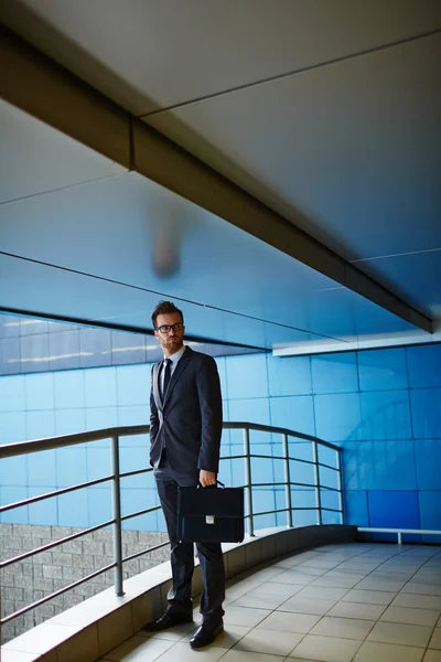 Businessman with briefcase standing by railings — Stock Photo, Image