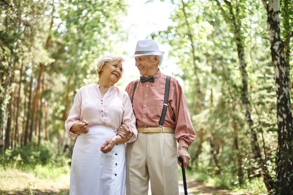 Seniorer talar medan promenader i parken — Stockfoto