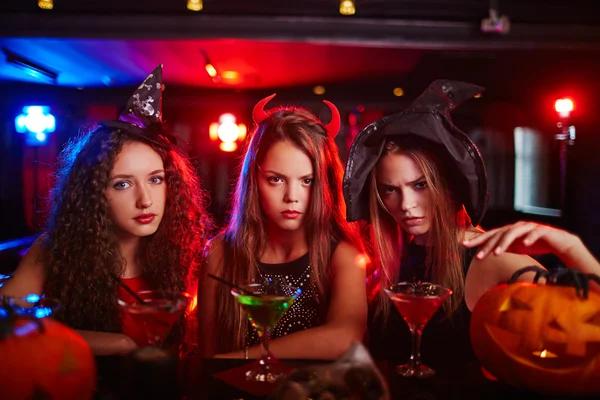 Girls in costumes at Halloween night — Stock Photo, Image