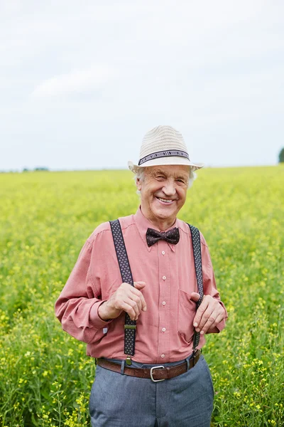 Senior man in hoed op weide — Stockfoto