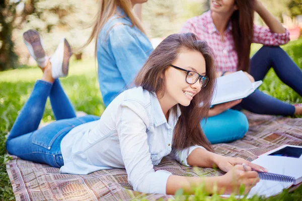 Estudiante universitario haciendo notas en bloc de notas — Foto de Stock