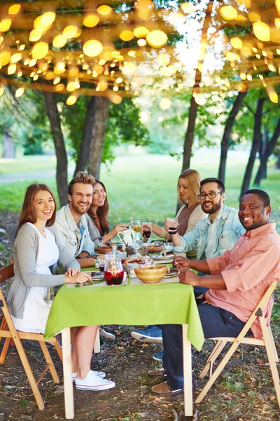 Amigos felices sentados junto a la mesa de Acción de Gracias — Foto de Stock