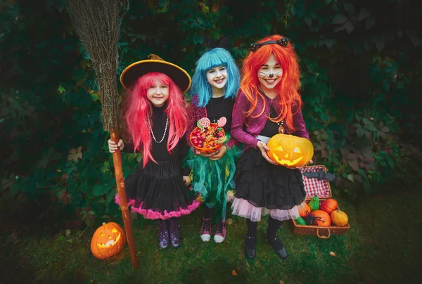 Meninas em traje de Halloween pedindo tratamento — Fotografia de Stock