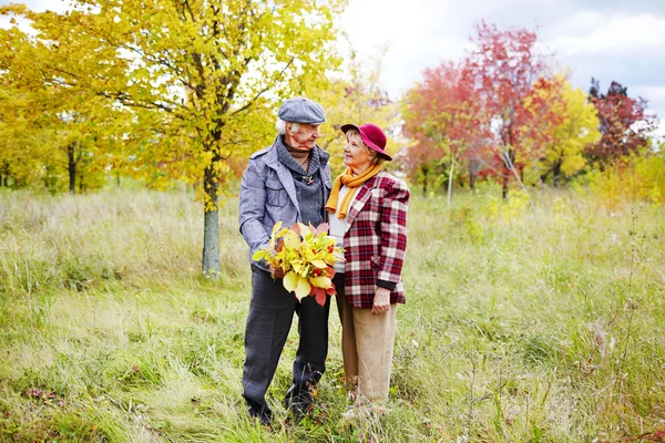 Pensionerat par promenader i höst park — Stockfoto