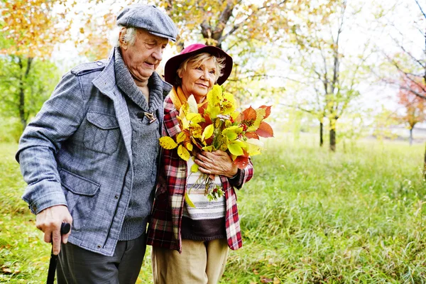 Gepensioneerde paar wandelen in herfst park — Stockfoto