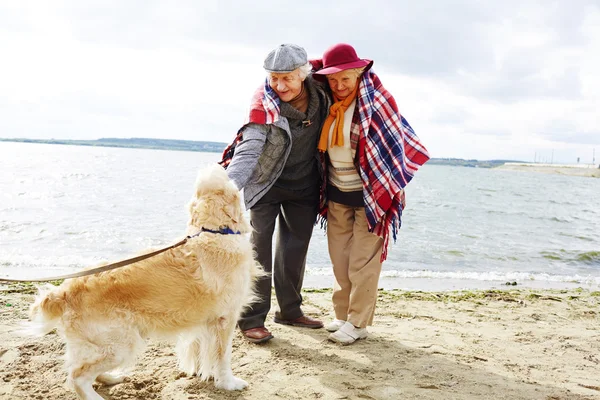 Szczęśliwi emeryci i pies — Zdjęcie stockowe