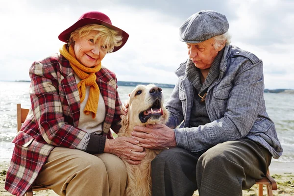 Aposentados felizes e cão — Fotografia de Stock