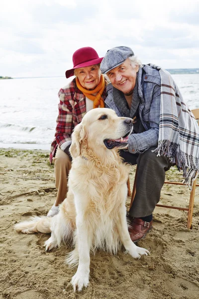 Aposentados felizes e cão — Fotografia de Stock