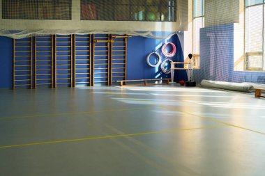 Boş spor salonu ahşap tırmanma duvarı, jimnastik yüzükleri, egzersiz topları ve güneş ışığının geniş pencerelerden aktığını gösteriyor.