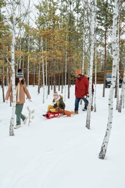 Kafkasyalı bir kadın beyaz bir çocukla kızağı çekiyor, oturuyor ve gülümsüyor. Yanında beyaz bir adam ve köpek var. Kışın huş ağaçlarıyla karlı ormanda yürüyorlar.