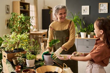 Saksı saksısı kurarken gülümseyen, bahçeyle ilgilenen, bahçeyle ilgilenen, çeşitli saksı ve bahçe aletleriyle çevrili, genç bir kızla etkileşim halinde olan beyaz bir kadın.
