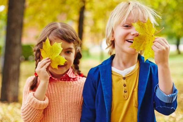 Kleine Freunde mit gelben Ahornblättern — Stockfoto