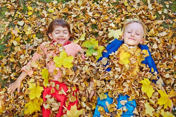 Piccoli amici sdraiati in foglie secche autunnali — Foto Stock