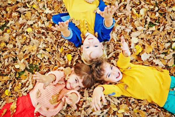 Amigos deitados em folhas secas de outono — Fotografia de Stock