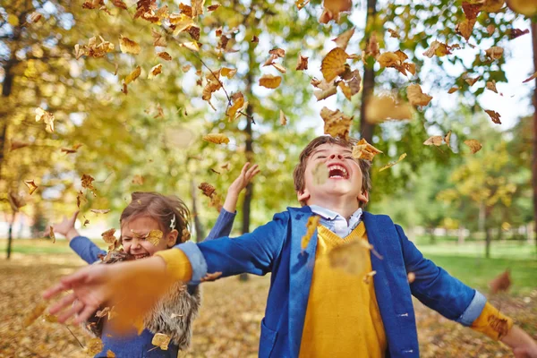 Друзья наслаждаются игрой с опавшими листьями — стоковое фото