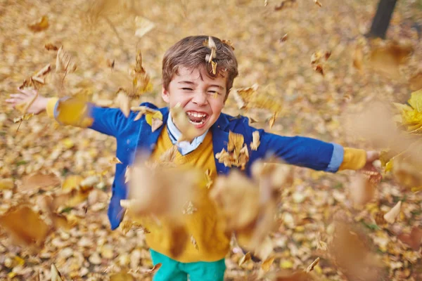 Menino brincando com folhas caindo — Fotografia de Stock