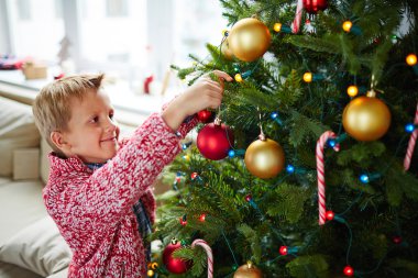 Noel ağacı süsleyen küçük çocuk.