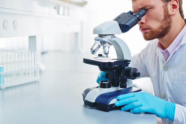 man studying microbiological substance in microscope