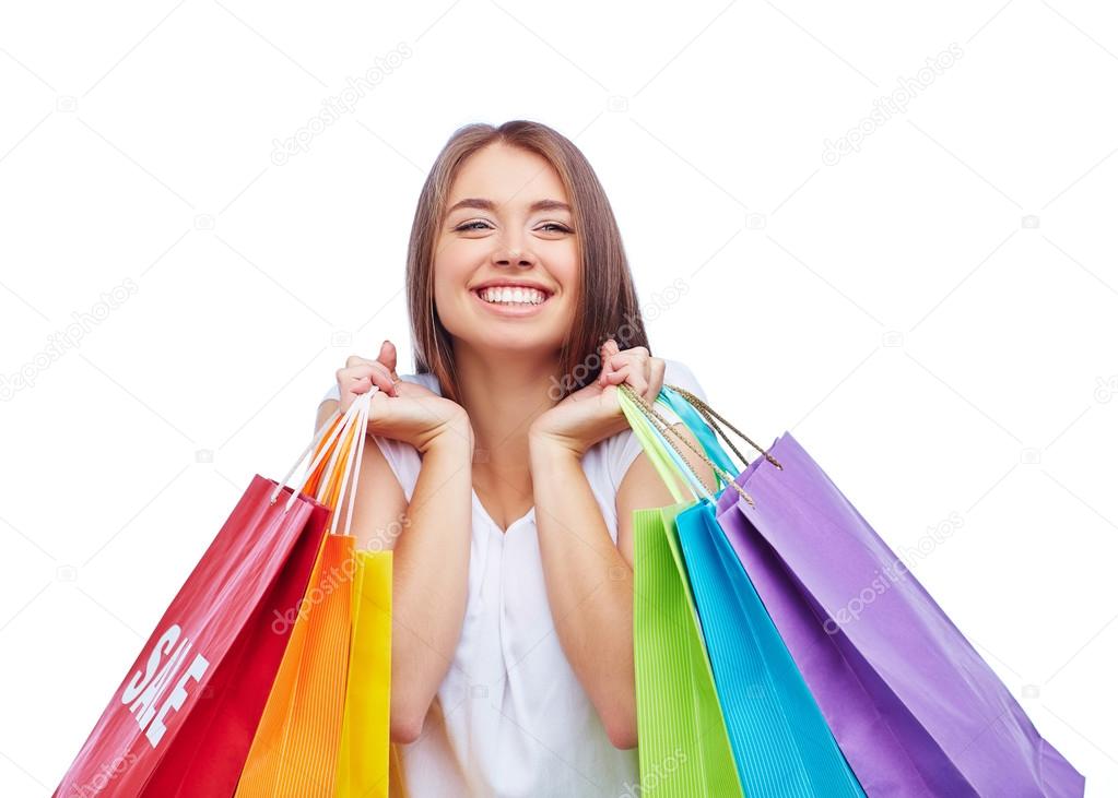 woman holding colorful shopping