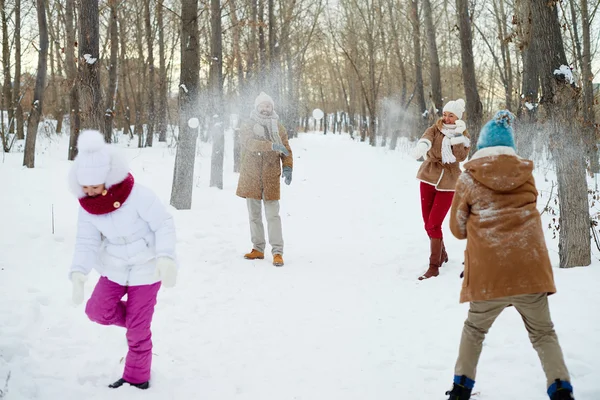 Lycklig familj spelar snöbollar — Stockfoto