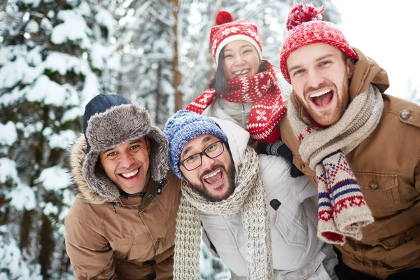 Vrienden in natuurlijke omgeving in de winter — Stockfoto